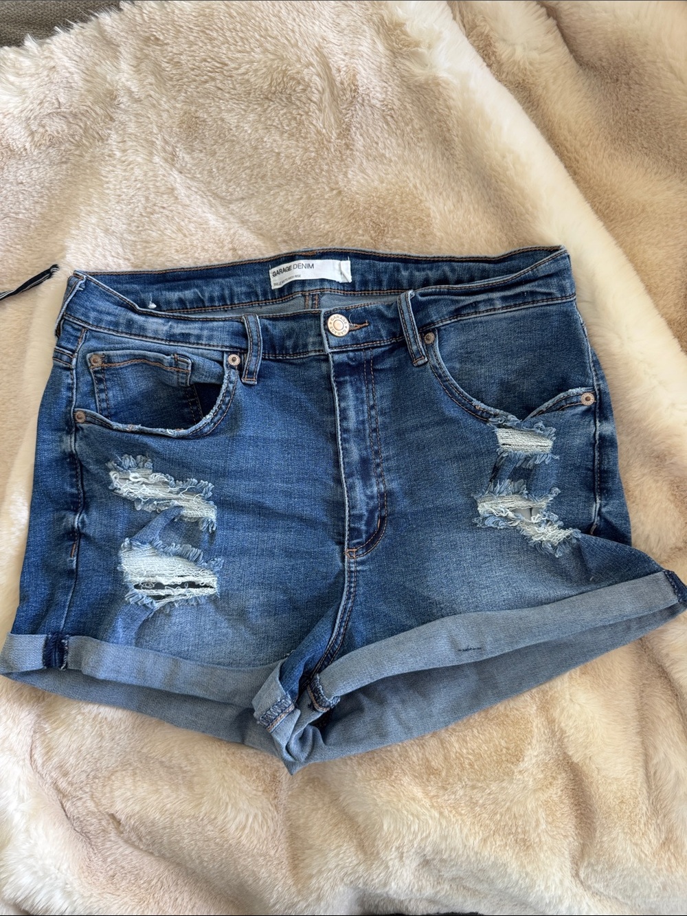 Garage Distressed Rolled-Hem Jean Shorts - Blue